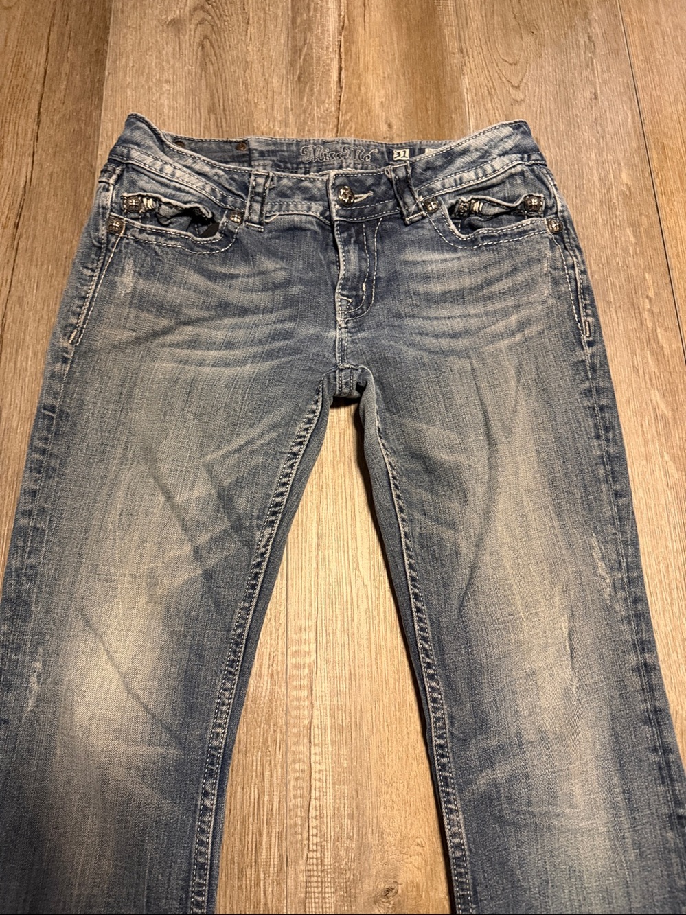 Miss Me Distressed Mid Wash Blue Boot Leg Jeans - Picture 6 of 7